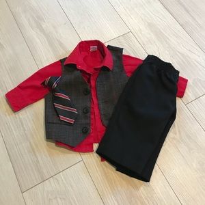 Baby boys suit pants, shirt, vest and clip on tie.